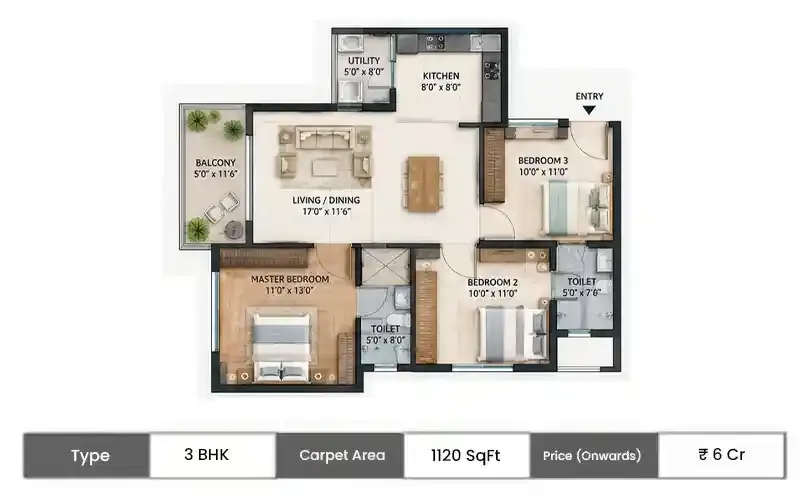 Hines Powai 3 BHK floor plan, 1120 sq ft carpet area